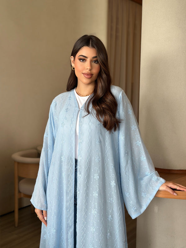 Light blue embroidered chiffon abaya