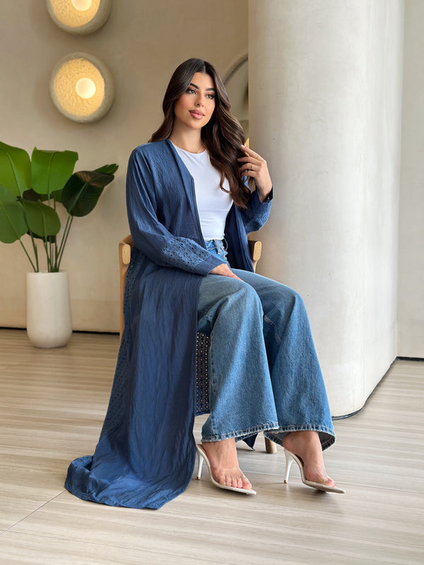 Blue linen and broderie anglaise abaya