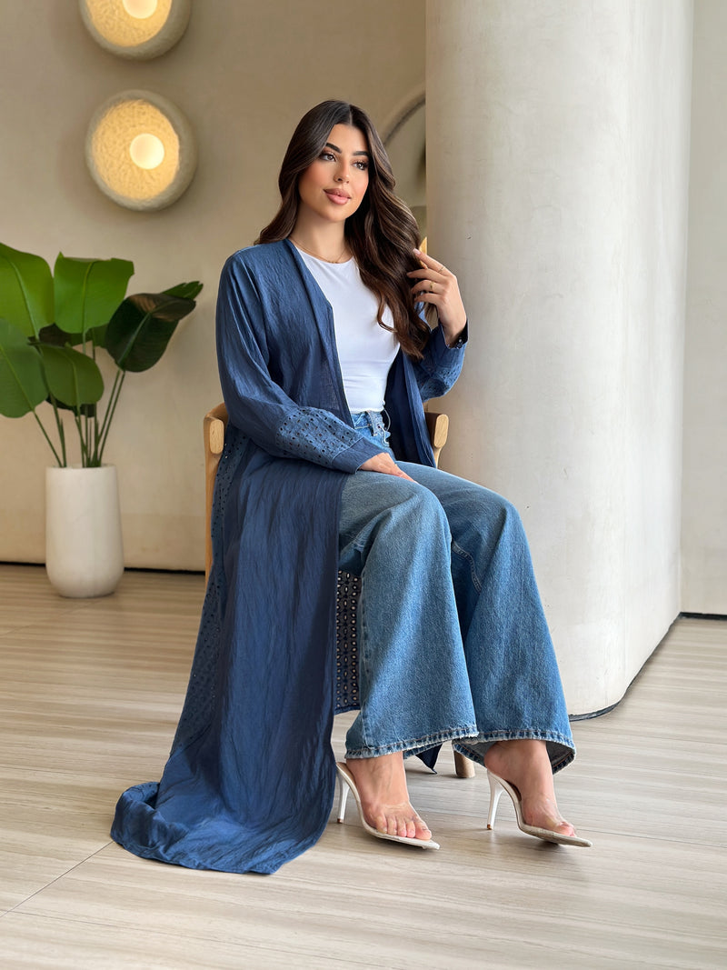Blue linen and broderie anglaise abaya