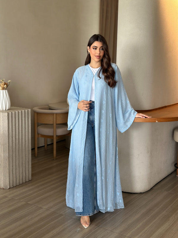 Light blue embroidered chiffon abaya