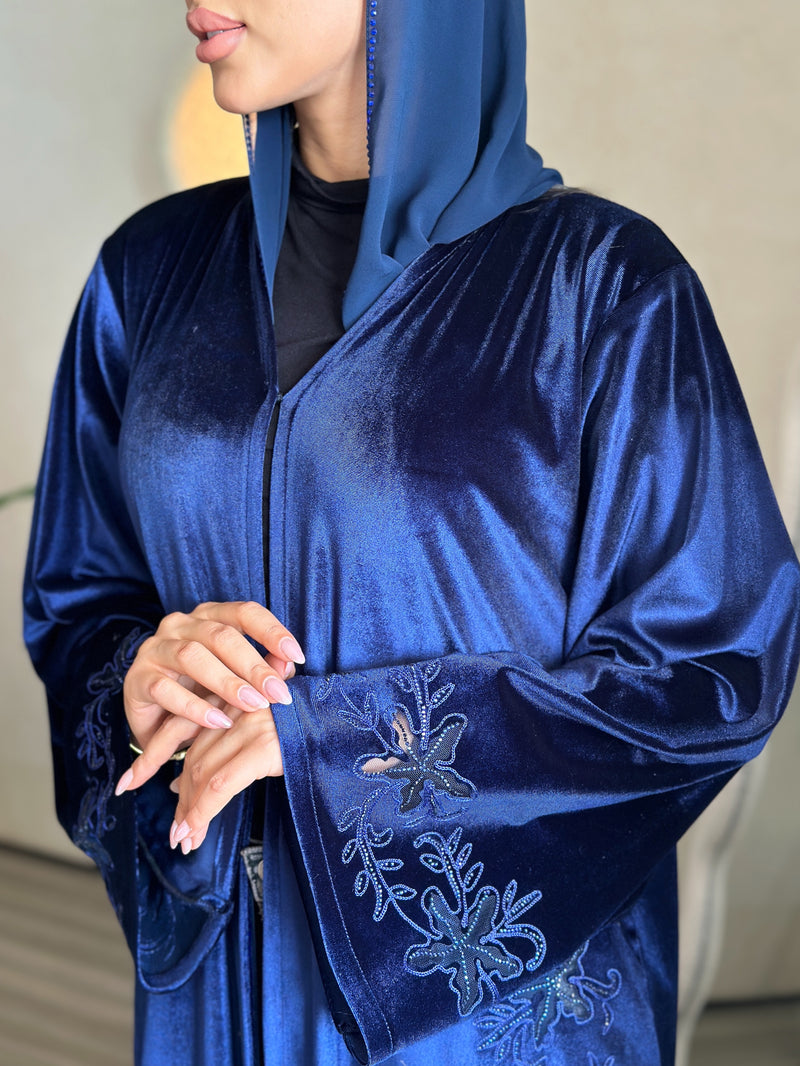 Blue embroidery velvet abaya