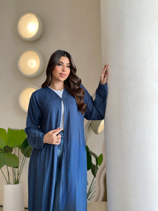 Blue linen and broderie anglaise abaya