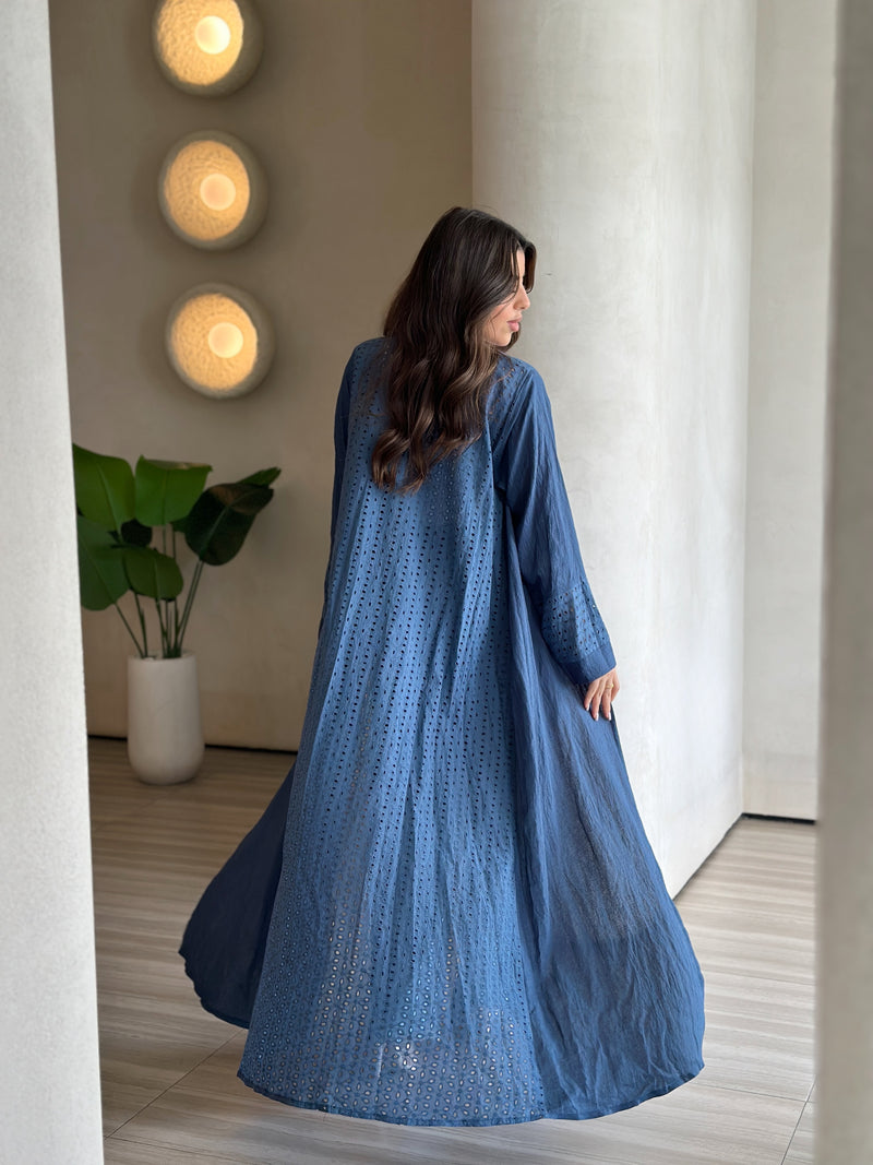Blue linen and broderie anglaise abaya