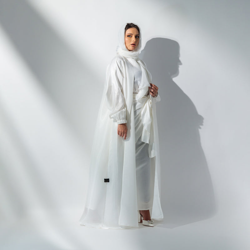 White wrapped satin abaya