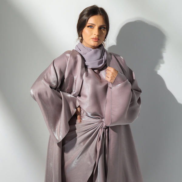 Lila wrapped satin abaya