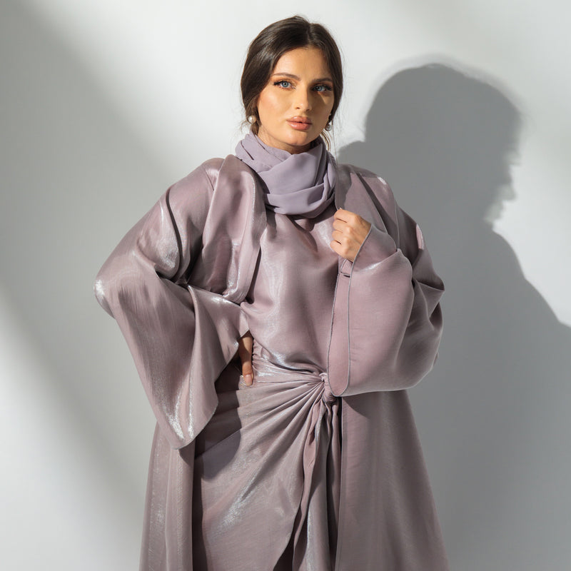 Lila wrapped satin abaya