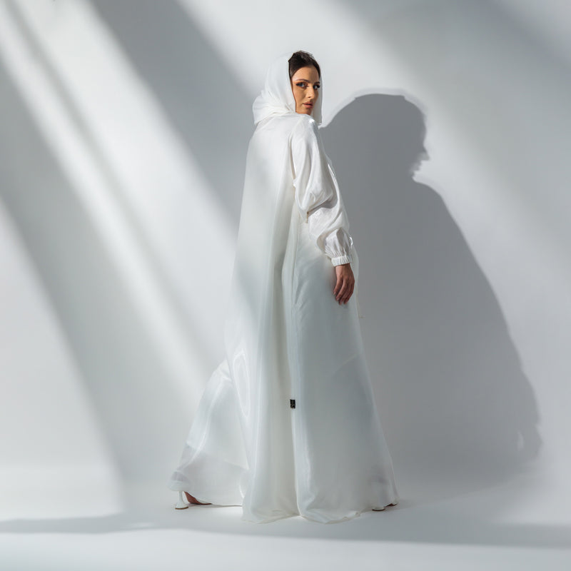 White wrapped satin abaya