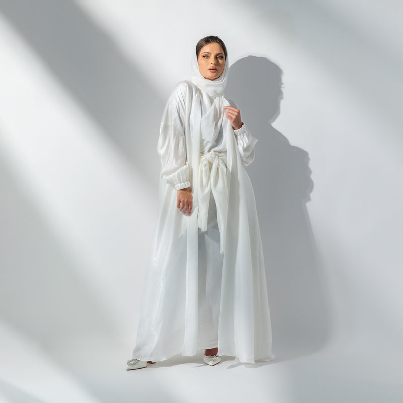 White wrapped satin abaya