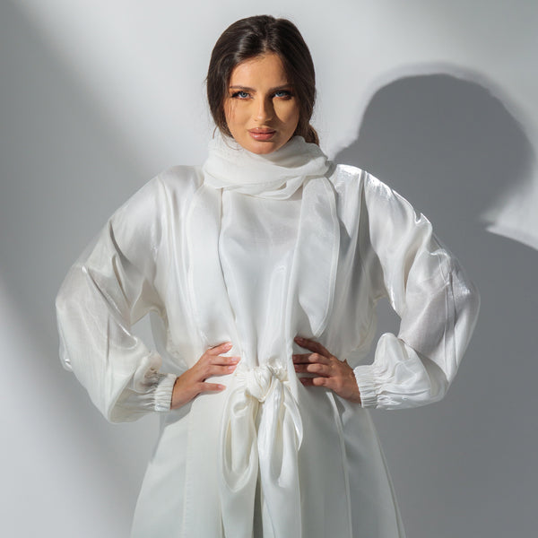 White wrapped satin abaya